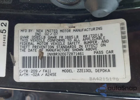 2007 Toyota Corolla Ce from USA, damaged, VIN 1NXBR32E67Z871461